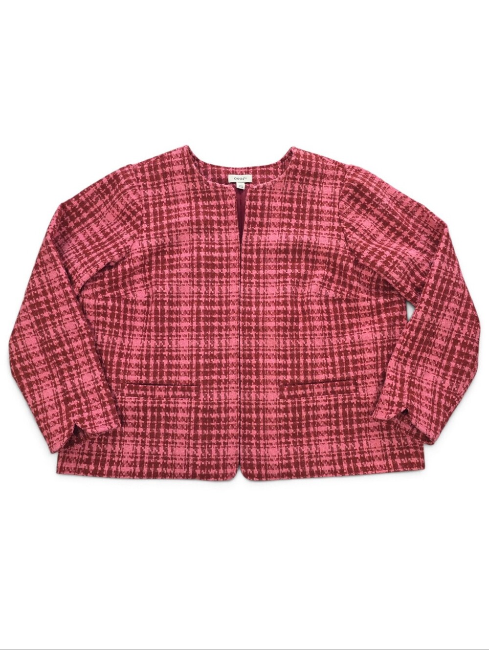 ON 34TH Women’s 18W Pink Plaid Tweed Jacket Blazer Wool Blend Hook Front Office